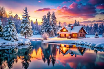 Obraz premium Winter Wonderland Lake House Fantasy Landscape