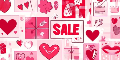 Diversi simboli legati all'amore e al romanticismo, come cuori di varie dimensioni e forme, frecce, e regali. Al centro la parola "SALE"  suggerisce una promozione per San Valentino