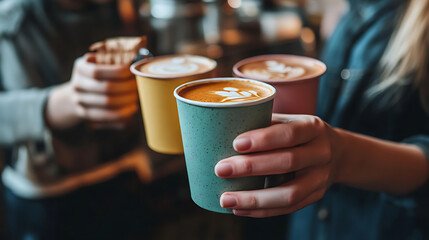 Enjoying coffee in vibrant cafe, friends hold colorful cups filled with latte art, creating lively atmosphere. warmth of moment is palpable