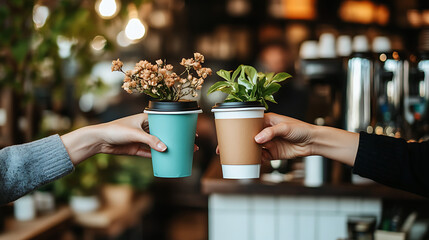 Freshly brewed coffee cups with plants vibrant cafe atmosphere hands exchanging drinks urban coffee shop cozy interior