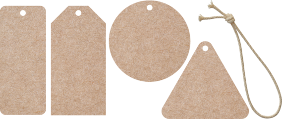 blank craft paper clothing label or price tag on string isolated set