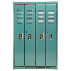 Closed teal metal lockers isolated against a white background. High school locker cabinet, close up