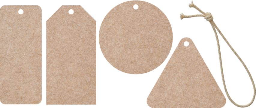 blank craft paper clothing label or price tag on string isolated set