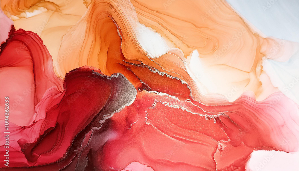 Poster abstract fluid art background red and coral colors. liquid marble. acrylic painting on canvas with o