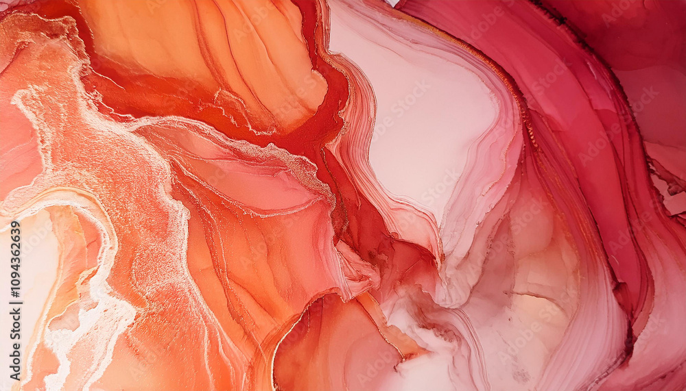 Poster abstract fluid art background red and coral colors. liquid marble. acrylic painting on canvas with o