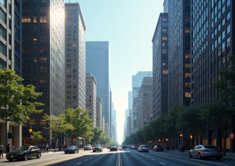 Urban cityscape showcasing tall buildings and busy traffic