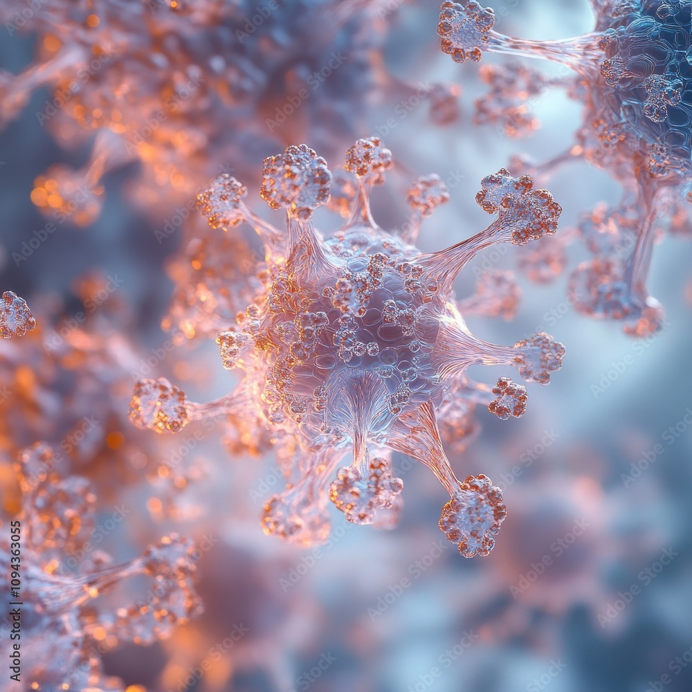 Poster microscopic view of virus-like structures in vibrant colors.