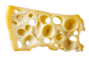 Slice of cheese with holes isolated on white background, close up
