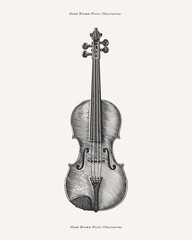 Hand-drawn illustration of a violin in a vintage engraving style. A detailed and artistic representation ideal for music, classical, or artistic themes. © KOSIM