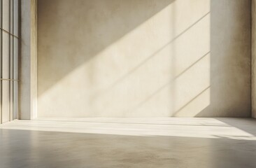 A minimalistic interior space with natural light casting shadows on a textured wall.