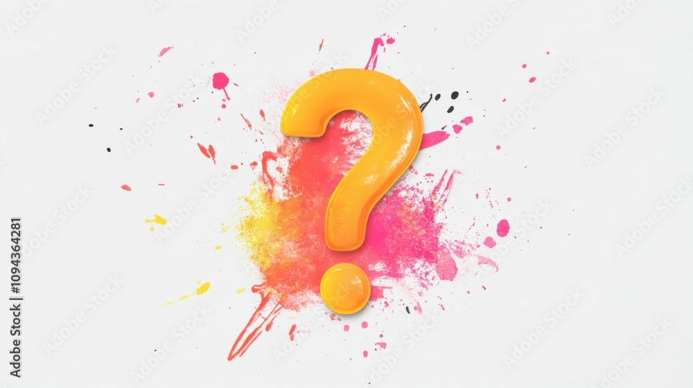 Poster question mark app logo on a white background with colorful splashes and red detailing
