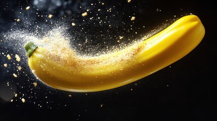 Vivid Yellow Banana Pepper in Dramatic Studio Lighting: Cut Lengthwise with Seed Cavity Exposed, Surrounded by Water Mist and Breadcrumb Particles on a Black Background.