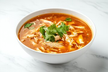 A bowl of spicy chicken soup garnished with cilantro, showcasing a vibrant, appetizing dish.