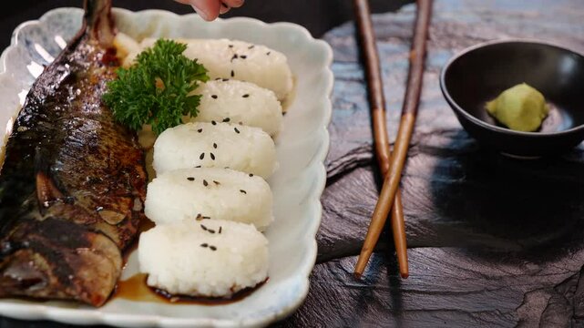 Japanese food Grilled Saba fish or Mackerel fish with sweet sauce and japanese rice 