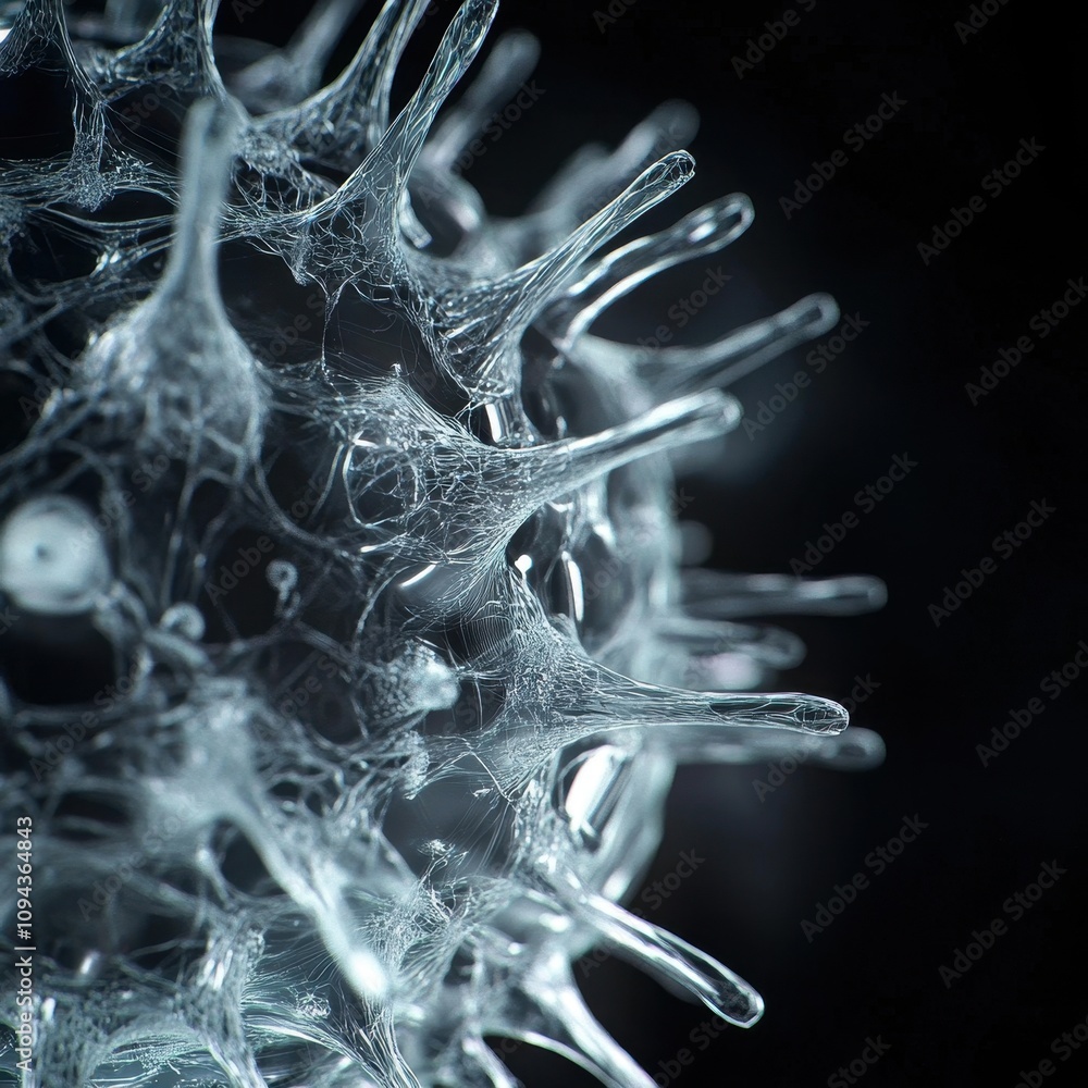 Poster a close-up view of a microscopic structure resembling a virus or bacterium.