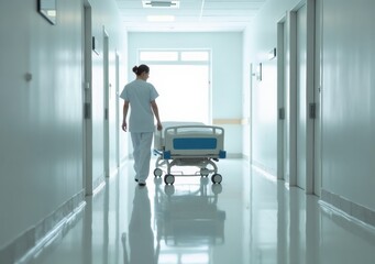 Nurse pushing a hospital bed down a corridor during a quiet morning shift