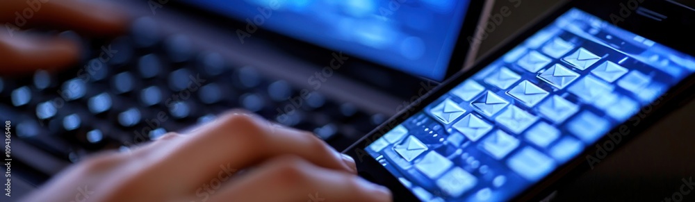 Poster A close-up of a hand typing on a laptop with a smartphone displaying messages.