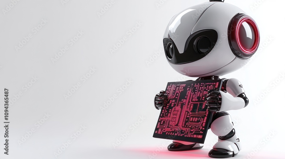Poster a small robot holding a circuit board, showcasing technology and innovation.