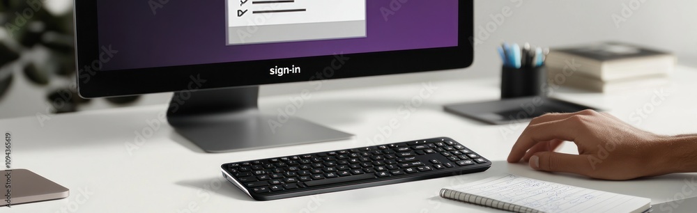 Poster A workspace featuring a computer, keyboard, and notebook, emphasizing productivity.