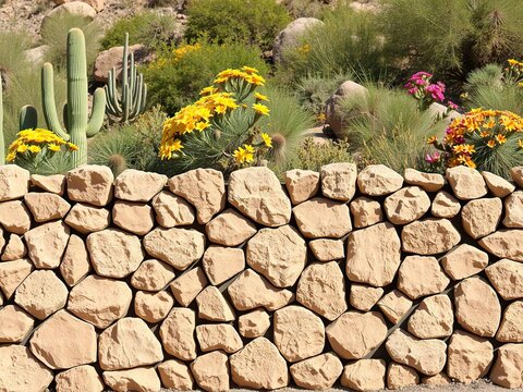 Caliche and rock patterned fence set against a backdrop of cacti and desert wildflowers, , warm tones, rock pattern