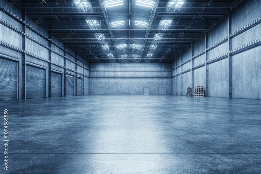 Aufkleber a spacious, empty warehouse with concrete walls and large windows.