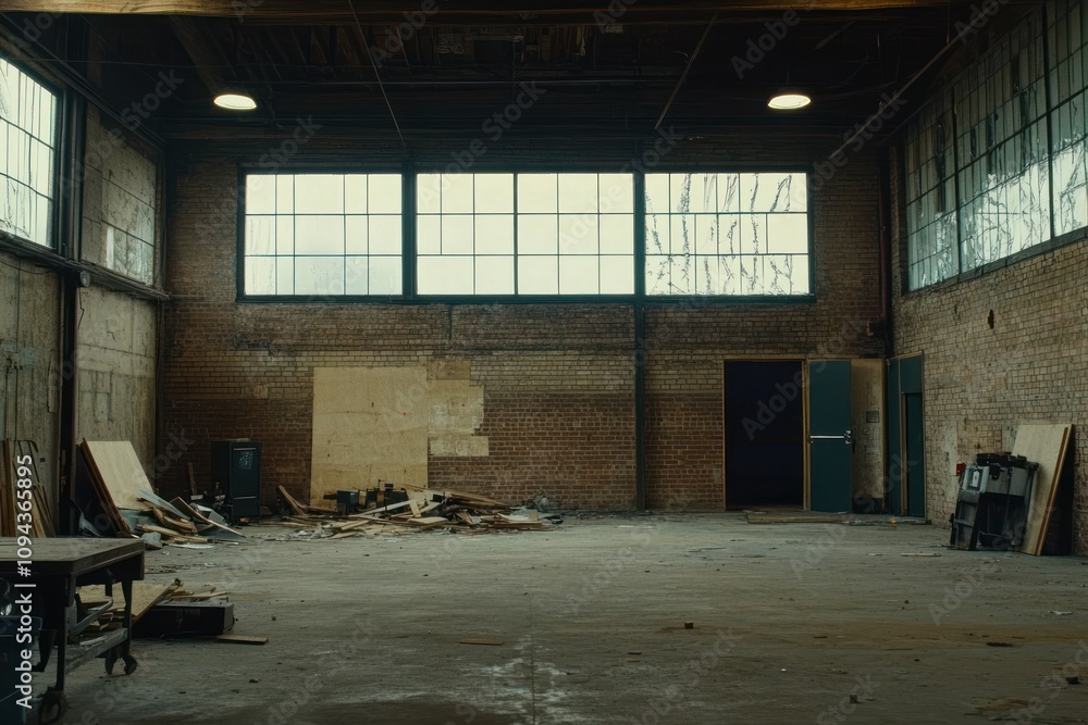 Poster an empty industrial space with exposed brick walls and scattered materials.