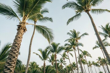 Fototapeta premium Calming Tropical Palm Tree Pattern with Woven Trunks and Leafy Greens, leafy greens, nature-inspired, embroidery pattern, woven trunks, calming