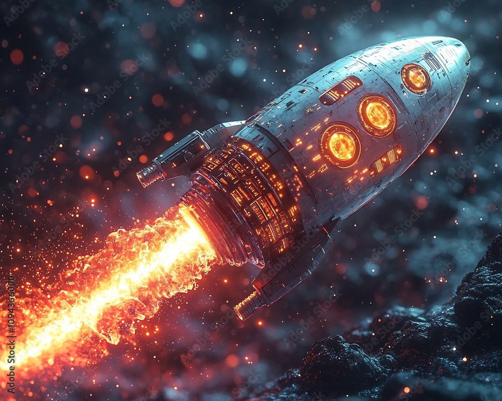 Poster futuristic business rocket symbolizing digital transformation and tech driven growth