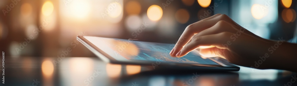 Poster A hand interacts with a tablet displaying data, illuminated by warm ambient light.