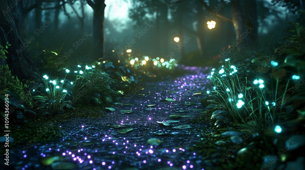 Poster a magical forest path with bioluminescent mushroom