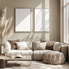 Cozy living room with neutral tones and natural decor elements.