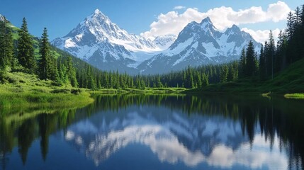 Tranquil Mountain Landscape with Snow-Capped Peaks and Calm Lake Reflection in 3D Render - Simple, Clean Design