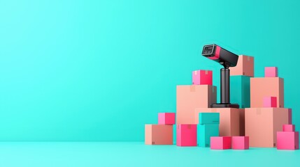 Fototapeta premium Barcode scanner with product boxes in background