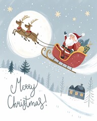 Fototapeta premium Santa Claus Flying with Sleigh - Merry Christmas Greeting Card