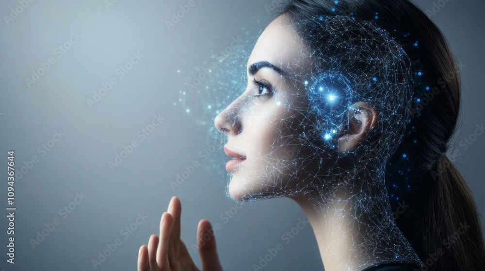 Poster a woman with a face made of computer code