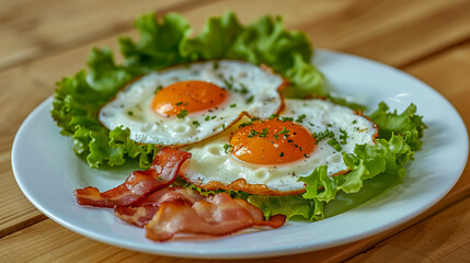 Fried chicken eggs and bacon beautifully presented. Perfect for promoting wholesome, healthy eating with essential vitamins and minerals.
