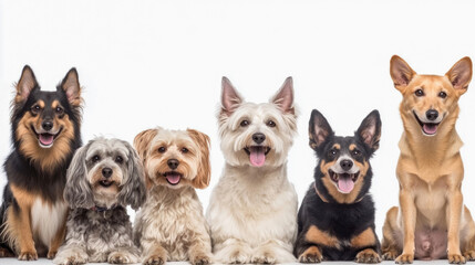 Six happy dogs posing on white background