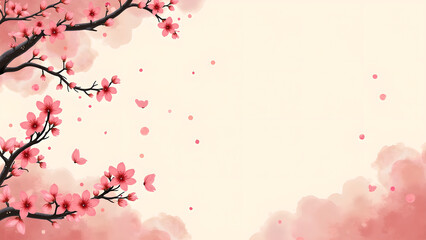 Obraz premium Cherry blossom tree branch with pink flowers and petals. Spring floral background design.