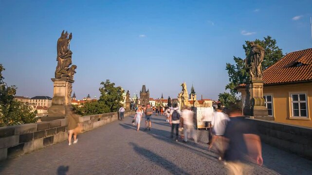 Prague Bridge walking on Prague with Charles Bridge, Castle and old Lesser Town, Czech Republic Time Lapse Hyperlapse.