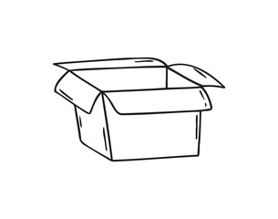 hand drawn doodle open empty cardboard box. Outline cardboard box isolated on a white background. Vector illustration.