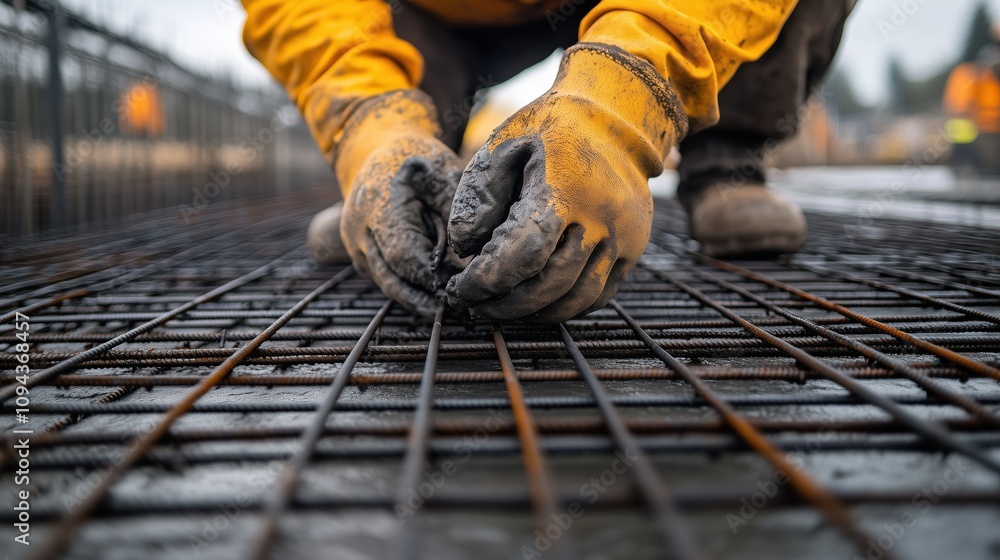 Poster a construction worker in gloves adjusts rebar on a foundation, showcasing hands-on skills in buildin
