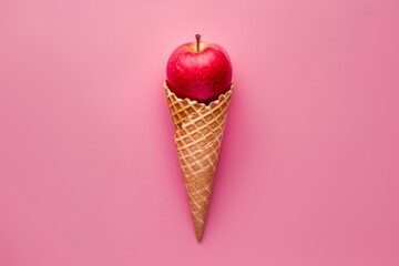 A minimalistic portrayal of a single red apple comfortably resting in a waffle cone, creating a unique fusion of fruit and dessert that intrigues and invites taste exploration.