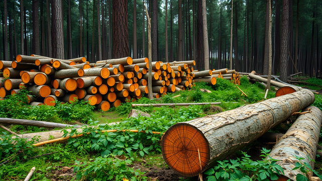 Felled logs and tree stumps in a cleared forest, highlighting the impact of deforestation