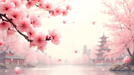 Fototapeta premium Pink Cherry Blossom Flowers in Spring Landscape. Concept of beauty, serenity, and nature.