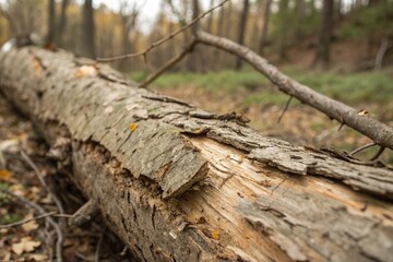 Close-up of wood grain and cortex bark texture on a fallen tree branch, forest floor, branch