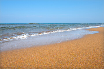  Cyprus Alagadi Turtle Beach. View from the beach to the sea. Magnificent beach, sea and blue cloudy sky. Yellow sand beach.
