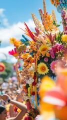 Fototapeta premium A floral parade float moves through an excited crowd celebrating culture