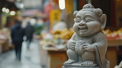 A detailed stone carving of a zodiac figure stands out against market stalls in the background