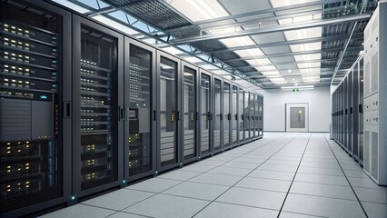 Cloud computing infrastructure in a data center, cloud storage, network architecture, digital infrastructure, cybersecurity measures, cloud computing