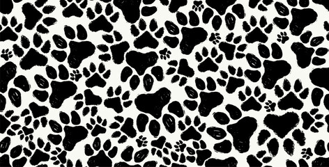 Paw pet seamless pattern. Endless dog or cat foot print texture, animal background. Grunge stamp repeat, foot track wallpaper. Cartoon vector illustration. Vector paw pet dog and cat seamless pattern.